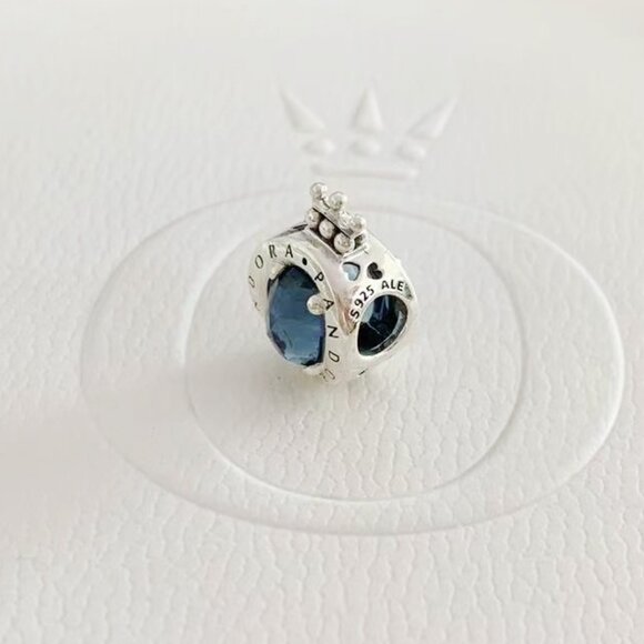 Pandora Sterling Silver Blue Sparkling Crown O Charm With Clear CZ Charm Bead